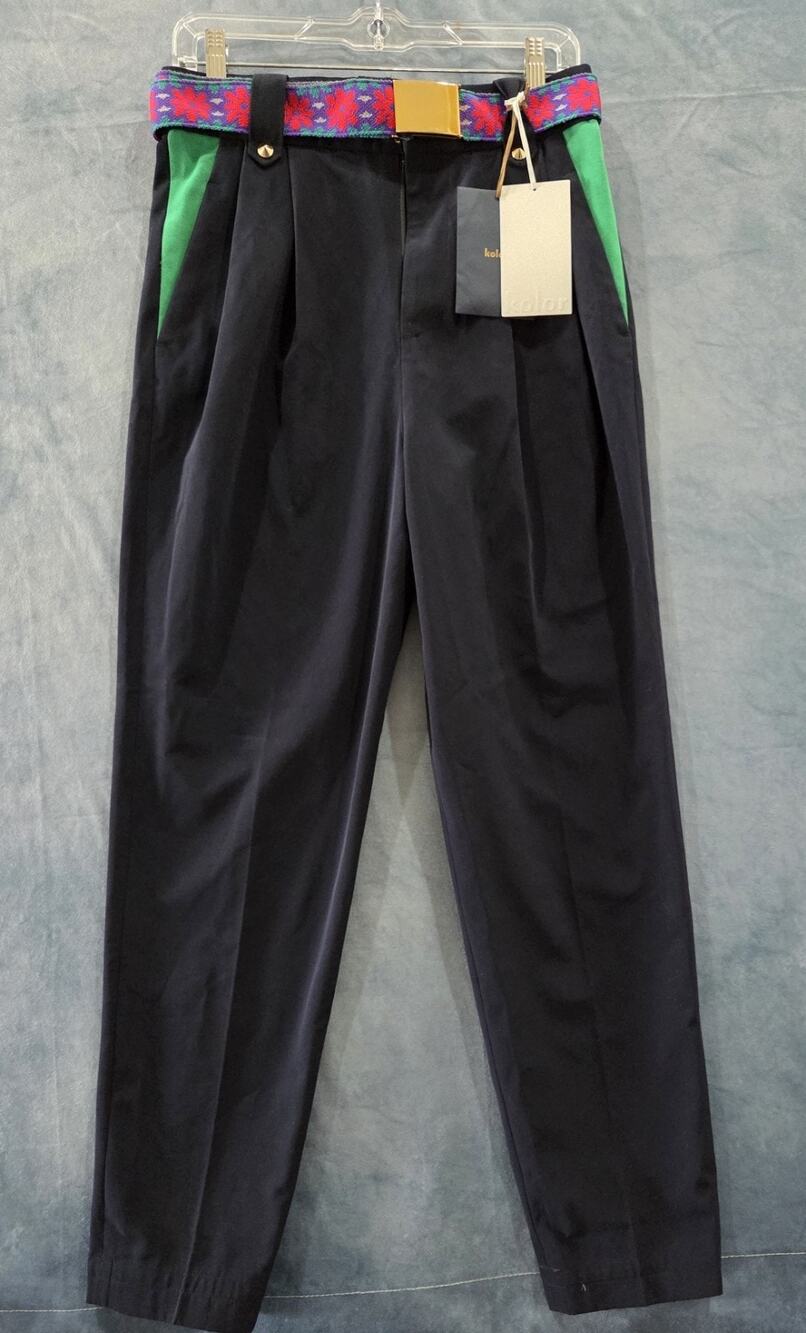 Kolor NWT Women's Belted Pleated Black Slacks Size 3 Green Pocket Lining Japan